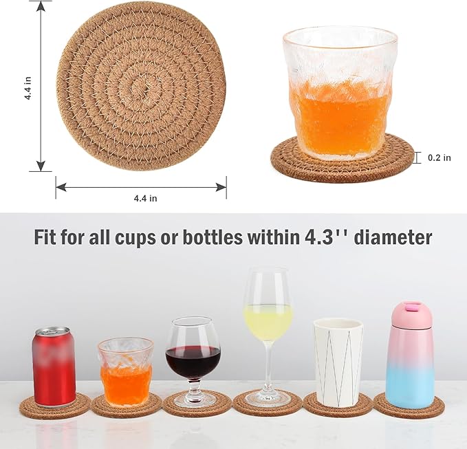 ABenkle 8 Pcs Drink Coasters with Holder, Cotton Woven Absorbent Coasters for Drinks, Minimalist Home Decor Coaster Set for Wooden Tabletop Protection Table, 4.3 inches Brown