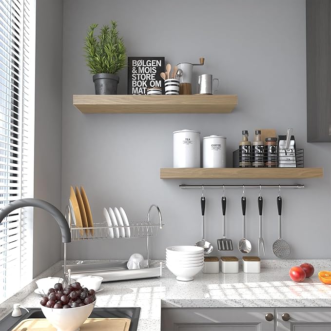 Floating Shelves for Wall - 17 Inch Natural Wood Shelves for Bathroom, Bedroom, Kitchen Decor, Farmhouse Decor Set of 2