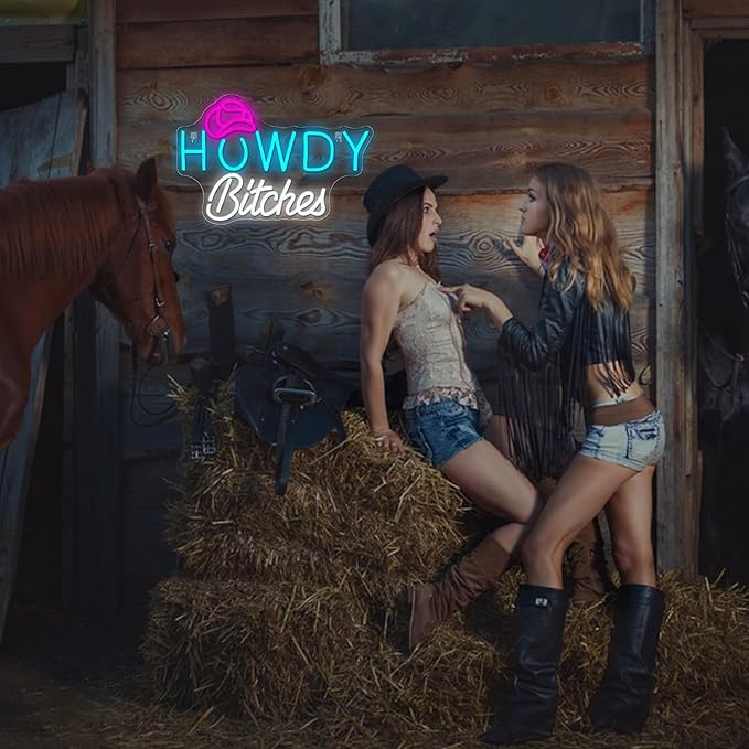 NEONLOVE Howdy Neon Sign Blue White Neons Sign for Wall Decor Cowboy Hat Neon Lights Sign with USB Dimmable Neon Light Up Sign for Bedroom College Dorm Single Party Bar Country Girls Living Room