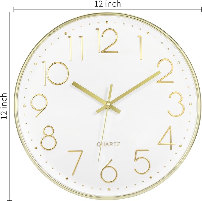 Foxtop Gold Wall Clock 12 Inch Silent Non-Ticking Battery Operated Round Modern Wall Clock for Living Room Bedroom Kitchen Home Office Decor