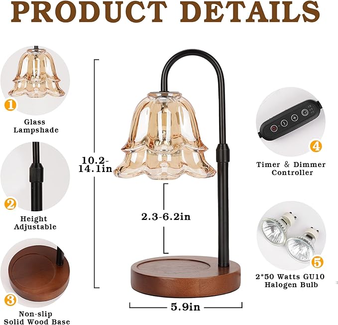 Candle Warmer Lamp with Timer & Dimmer, Adjustable Height, House Warming Birthday Gifts for Women Mom, Flower Candle Lamp Warmer, Wax Warmer Lamp for Jar Candles with 2 Bulbs
