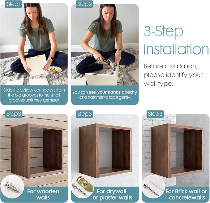 Kaboon Cube Floating Shelves Set2, Display Shelves Wall Mount 7.75" D x 12.5" W x 12.5" H, (Walnut, Square 2 Cubes)