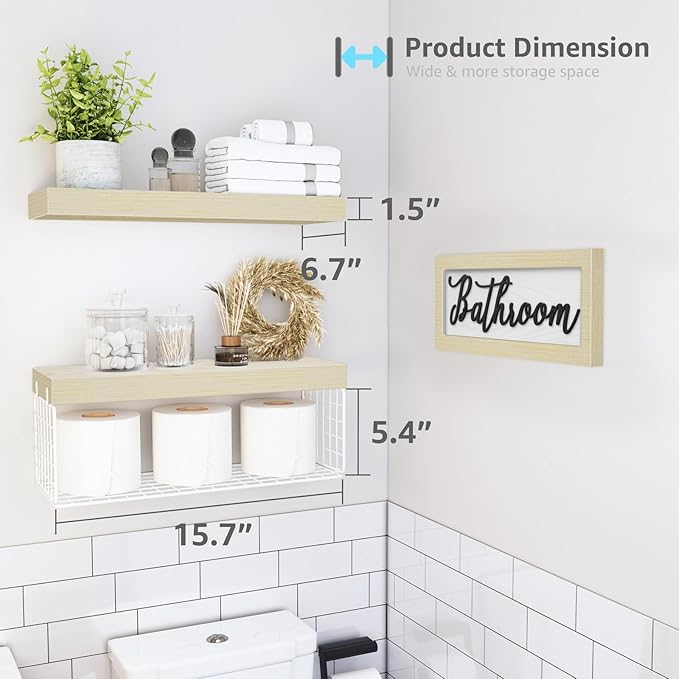 QEEIG Bathroom Shelves Over Toilet - Paper Storage Wall Mounted Farmhouse Decor Decorations Aesthetic Décor Sign Small Floating Shelf 2+1 Set 16 inch, Natural (020NW)