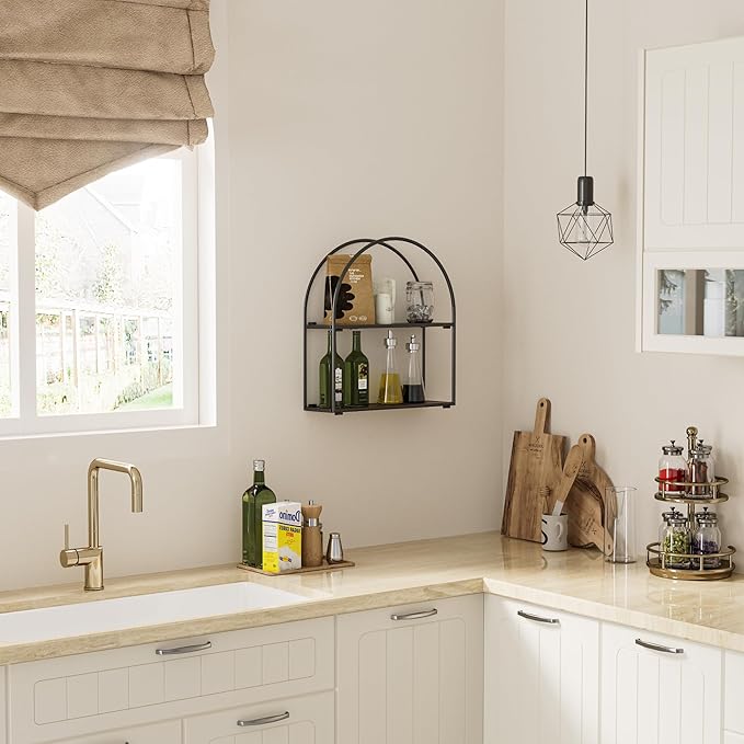 Crofy Black Arched Frame Wall Shelf, Decorative 2 Tier Bathroom Wall Shelf with Walnut Finish Shelves and Robust Storage Capacity, 6" D x 17.9" W x 19.18" H