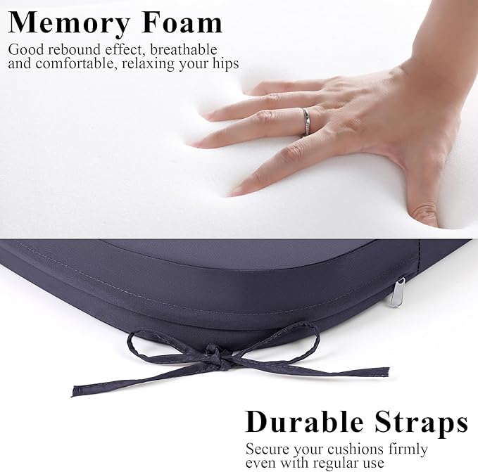 Outdoor Chair Cushions Set of 2, Waterproof Memory Foam Patio Seat Cushions with Ties for Garden Sofa & Dining Furniture, 3-Year Color Fastness, 18x18x3 Inch, Grey