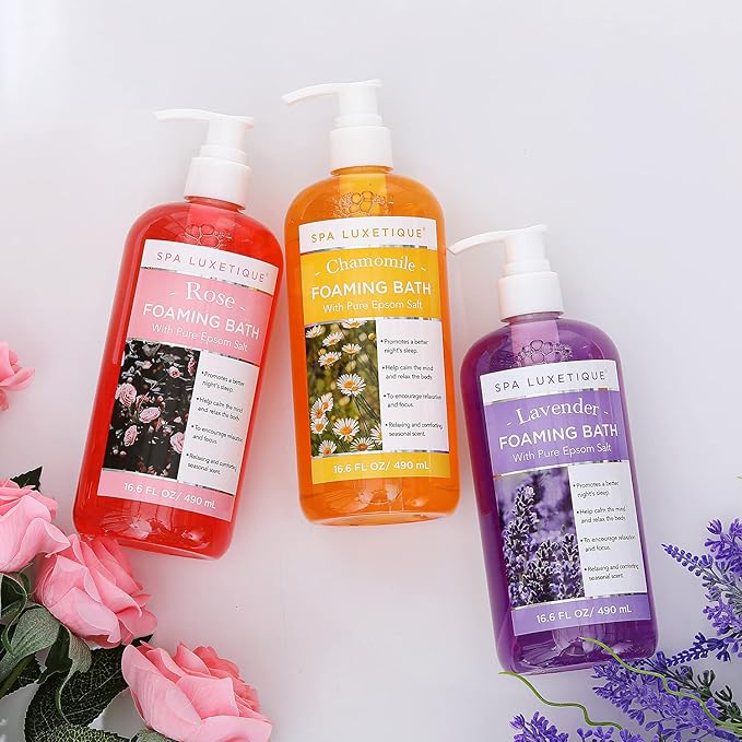 Bubble Bath, Spa Luxetique Foaming Bath with Pure Epsom Salt, Chamomile Rose and Lavender Scent Bath Set, Christmas Gifts for Women Gift Set for Men 3 Pack 49.8 fl oz Gifts for Mom
