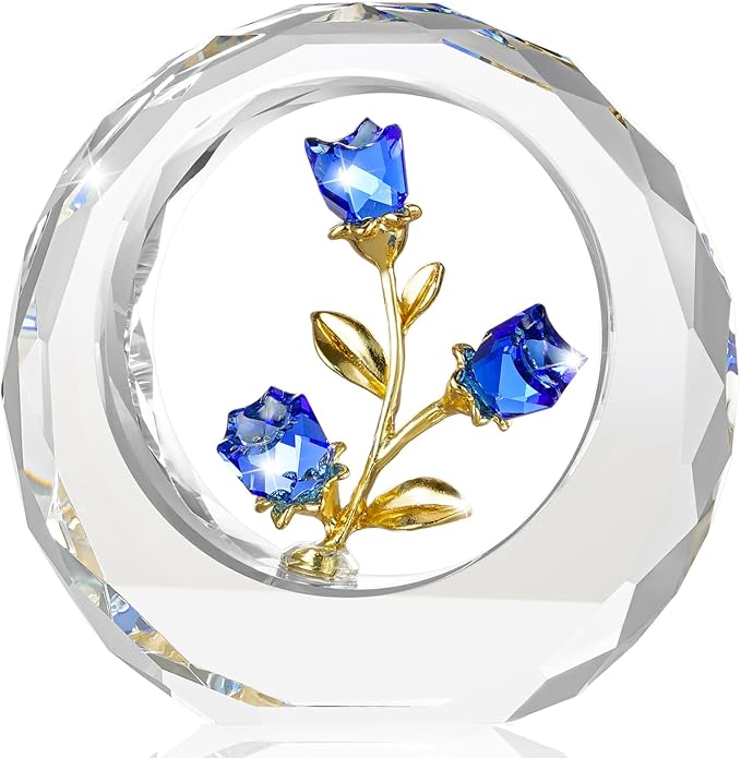 Crystal Flower Figurines,Glass Tulips with Stems,Spring Bouquet Collectible Figurines Home Decor (Blue)