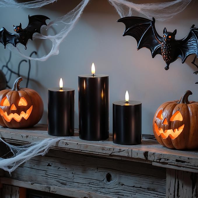 Homemory Halloween Black Flameless Candles Battery Operated with Remote Timer, Real Wax LED Pillar Candle for Halloween Decoration Indoor and Home Decor Gifts, H456, Set of 3