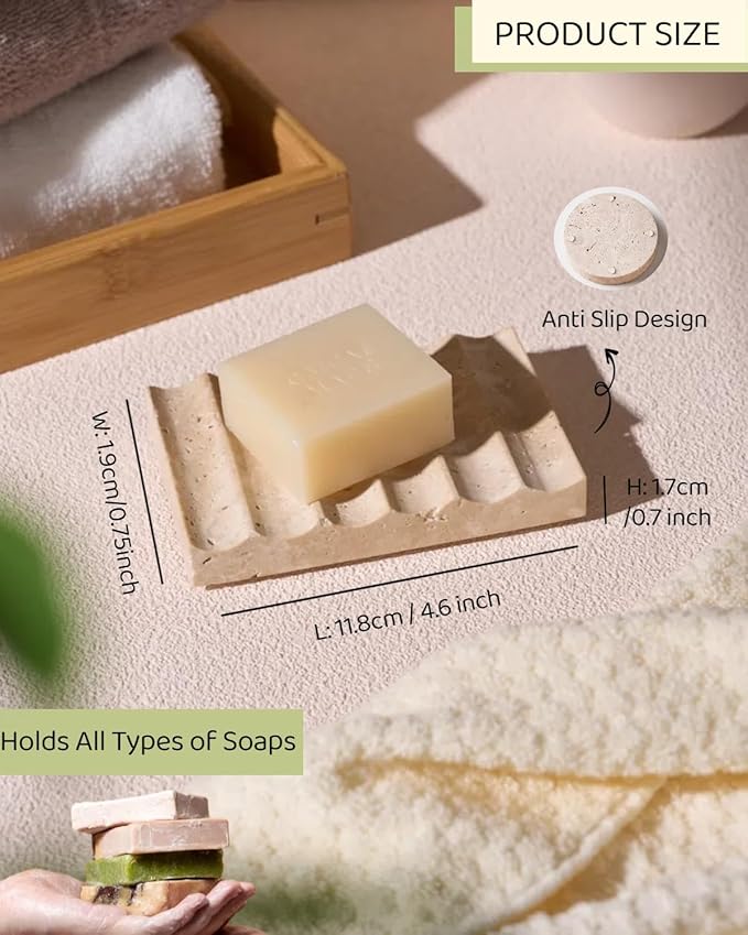 Rustic Marble Soap Holder, Large Rectangle Soap Dishes for Shower & Bathroom with Self-Draining Design