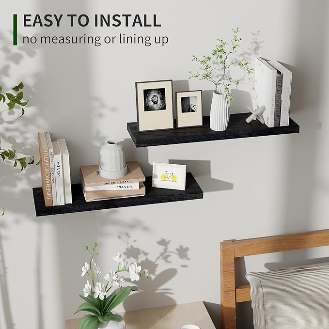 Marsmiles Wood Floating Shelves for Wall Set of 2, 24 Inch Wide Rustic Wooden Floating Shelves, Invisible Wall Mounted Display for Living Room Bedroom Kitchen Bathroom Office, Black