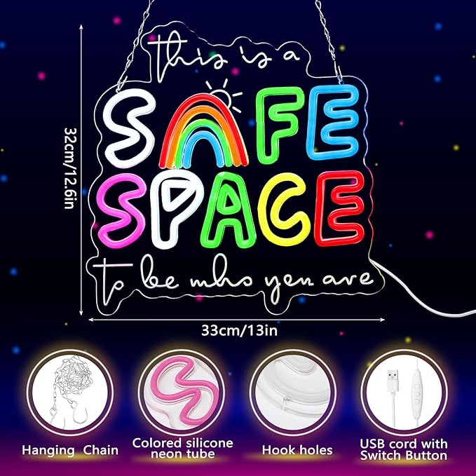 Retisee 13x13 Inches Safe Space Neon Sign This Is a Safe Space to Be Who You Are LED Neon Sign Dimmable Light up for Classroom Therapy Office Home Room Wall Decor