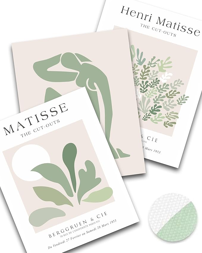Matisse Abstract Wall Posters, Set of 3 Sage Green Wall Posters, No Frame, Quality Canvas Prints for 11 x 14 Inch, Art Posters for Kitchen Bathroom Living Room Bedroom