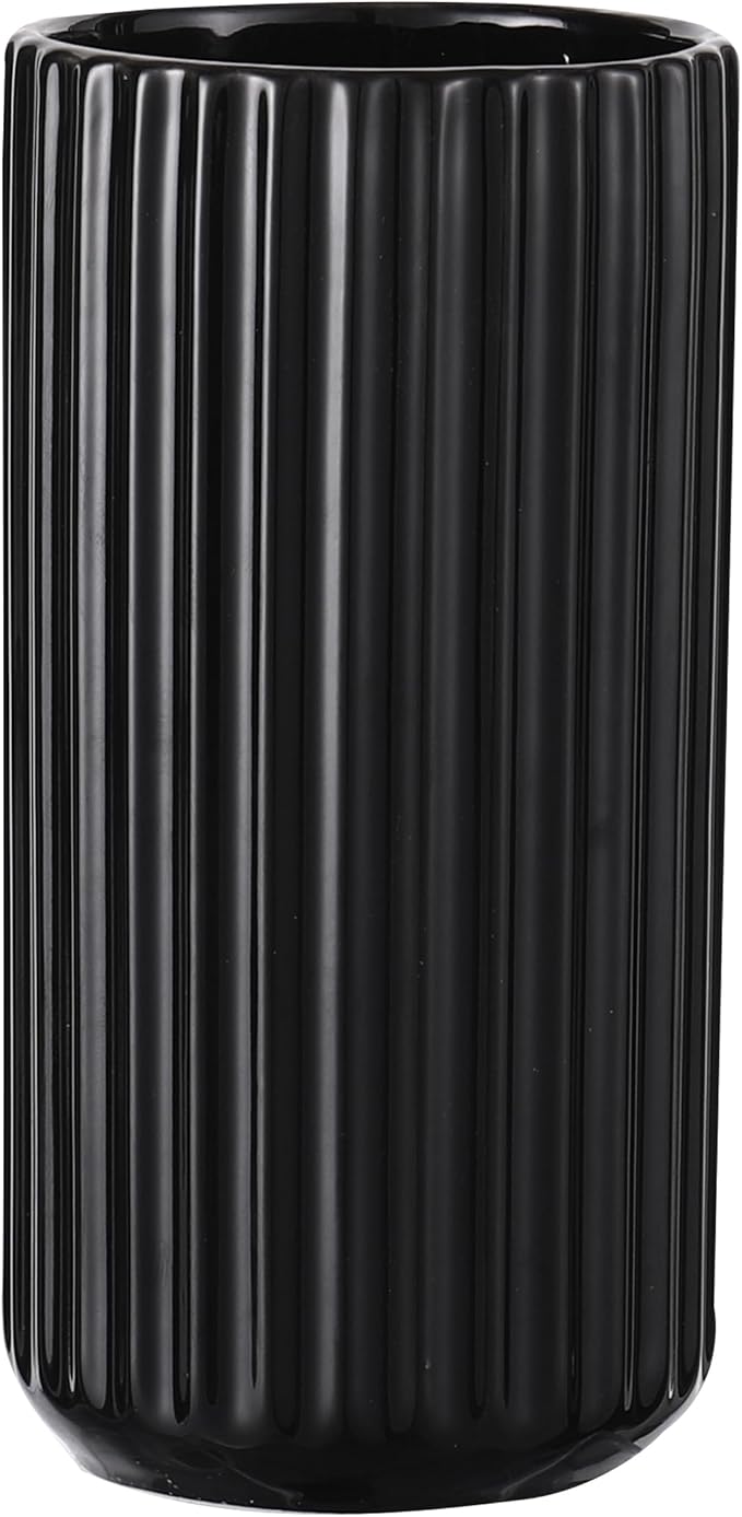 Black Ceramic Vase for Flowers, Modern Black Vase for Home Decor, Tall Ribbed Vase for Living Room, Office, Mantel, Bookshelf, Dining Table, 8 inches