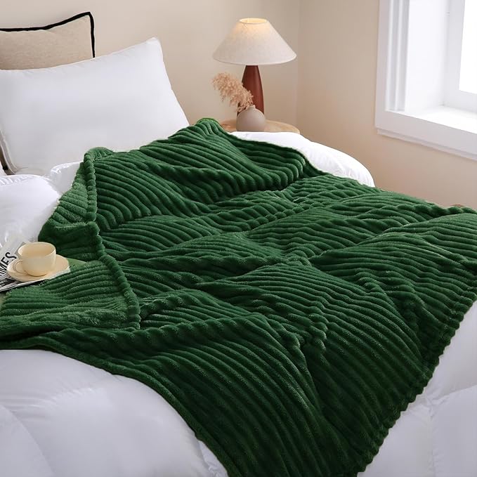 Green Fleece Throw Blanket 50”×60” for Couch Sofa Bed,Super Soft Cozy Plush Microfiber Flannel Blanket with Stripes Design Lightweight for Adults Woman Girls