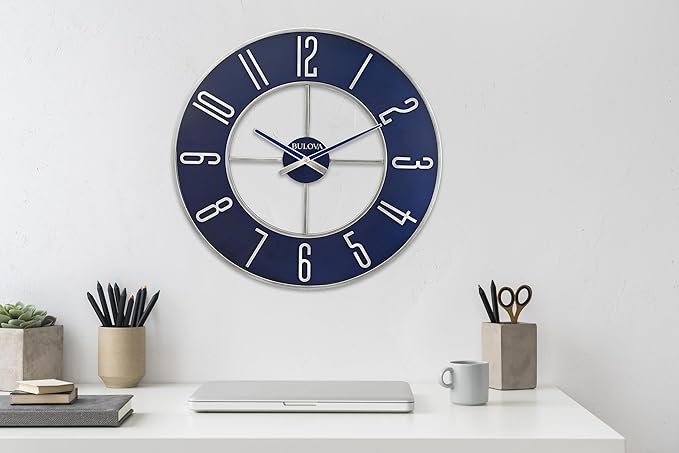 Bulova Blue Steel Oversize Wall Clock |Model C4809, 27" Diameter | Sleek Silver and Blue Finish | Contemporary Design | Battery Operated