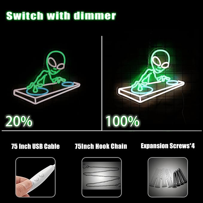 Alien DJ Neon Sign DJ Gifts for Men Cave Cool LED Neon Light for Music Bar Wall Decor Dimmable LED Signs for Game Room Bedroom Decor Bar Music Concert Wall Art 15.7 * 12.6IN