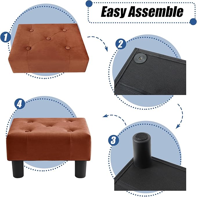 BRIAN & DANY Small Foot Stool, Velvet Foot Stools with Legs, Stable Small Footstool for Living Room, Brown