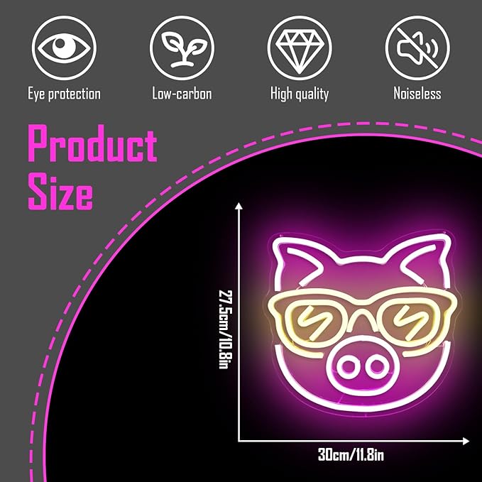 SunGlasses Pig Neon Sign Cute Neon Led Sign for Wall Decor Neon Light Sign Light Up Sign for Bedroom Game Kids Room Bar Club Party Decor Gift