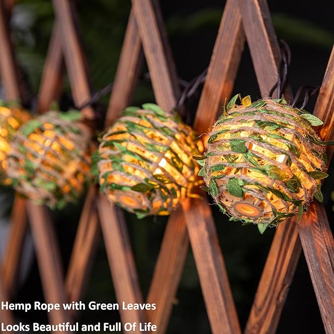 Decorative Lantern String Lights, Outdoor Plug in Hanging Lights with 10 Natural Hemp Rope Leaf Balls, Connectable Weatherproof Patio Globe Boho String Lights for Home Pergola Porch Party Backyard
