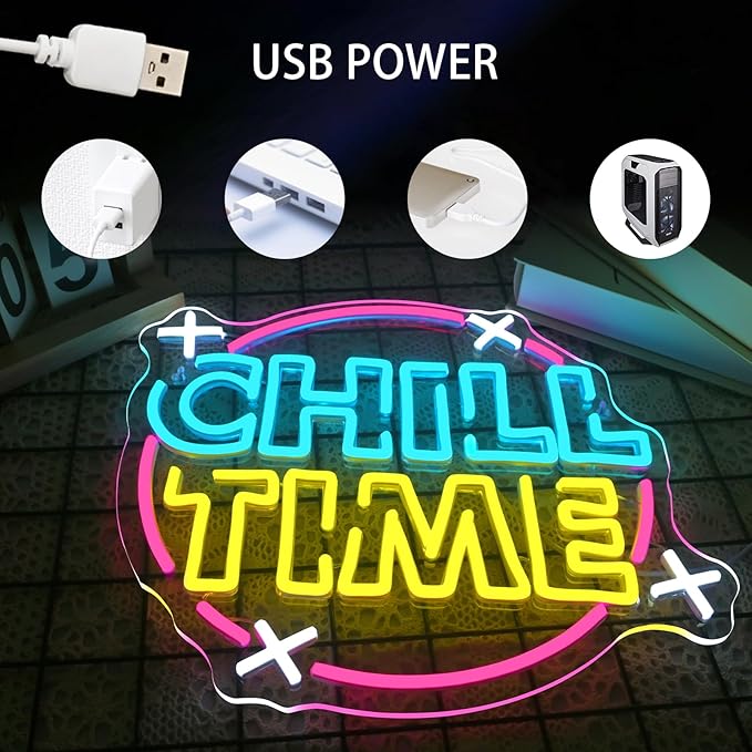 Chill Time Neon Sign Wall Decor, Happy Hour Neon Bar Open Led Signs Suitable Cocktail Drinks Open Signs For Home Bar Coffee Station Business Window Man Cave Office Club Decor Birthday Christmas Gift