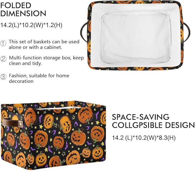 Halloween Pumpkin Spooky Storage Basket Fabric Kitchen Baskets Purple Bat Black Open Home Storage Bins Boxes Foldable Organizer Bag for Baby Cloth Pet Toy Book Shelf Closet Baskets 16×12×8 Inches