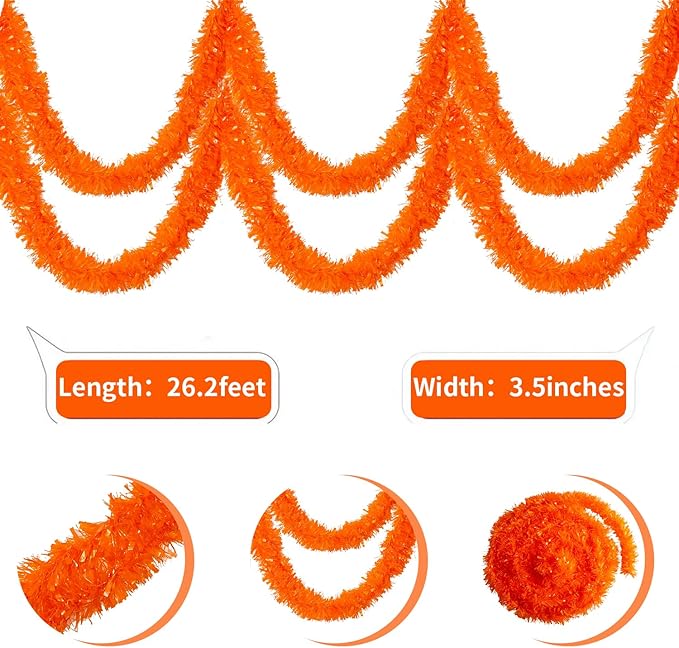 26.2 Feet Orange Holiday Tinsel Garland for Graduation, Birthday, Weddings, Party Decorations, Christmas, Patriotic Foil Tinsel Garland for All-Season Home Indoor Outdoor Party Supplies(Orange)