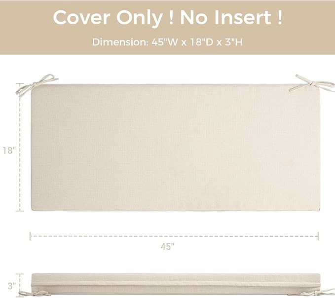 Patio Bench Cushion Covers for Outdoor Furniture with Ties, Water Resistant Loveseat/Settee Cushion Slipcover 45x18x3 Inch for Swing Porch Garden (Replacement Cover Only)-Cream