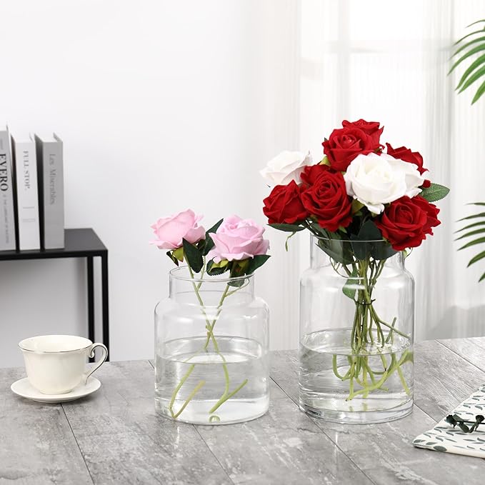 Large Glass Vase, Clear Glass Vase Set of 2, Large Flower Vases for Bouquet, Tall Wide Mouth Vases for Flowers, Home, Wedding, Living Room, Office Decor, 7"+9"