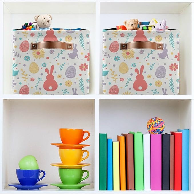Happy Easter Day Eggs Bunny Storage Basket Fabric Laundry Baskets Easter Rabbit Peeps Spring Flowers Storage Boxes Organizer Bag for Baby Cloth Toy Book Storage Cubes Shelf Closet Bins 16×12×8 Inches