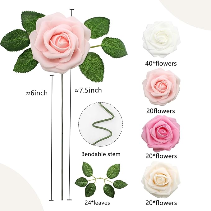 Artificial Flowers Pink Roses Real Looking Foam Fake Roses with Leaves and for DIY Wedding Bouquets Bridal Shower Centerpieces Party Decorations (Pink Series, 100)