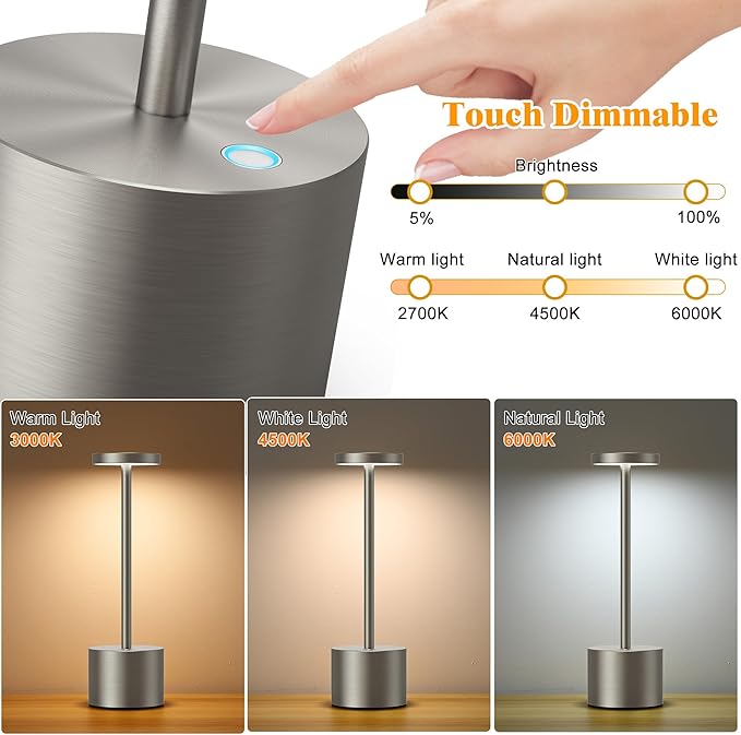 Cordless Table Lamp, Rechargeable LED Battery 6000mAh Metal USB Portable Powered Desk Lamp, 3 Levels Brightness Light for Restaurants Outdoor (11.70in Silver)