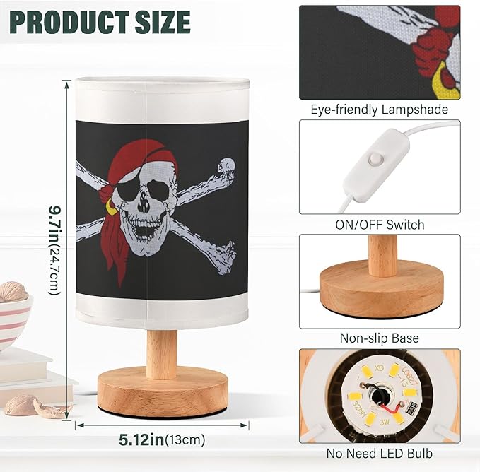 Table Lamp Pirate Skull Crossbones Nightstand Lamp with Wood Base Fabric Lamp Shade Bedside Desk Lamp for Living Room Bedroom Kids Room Office