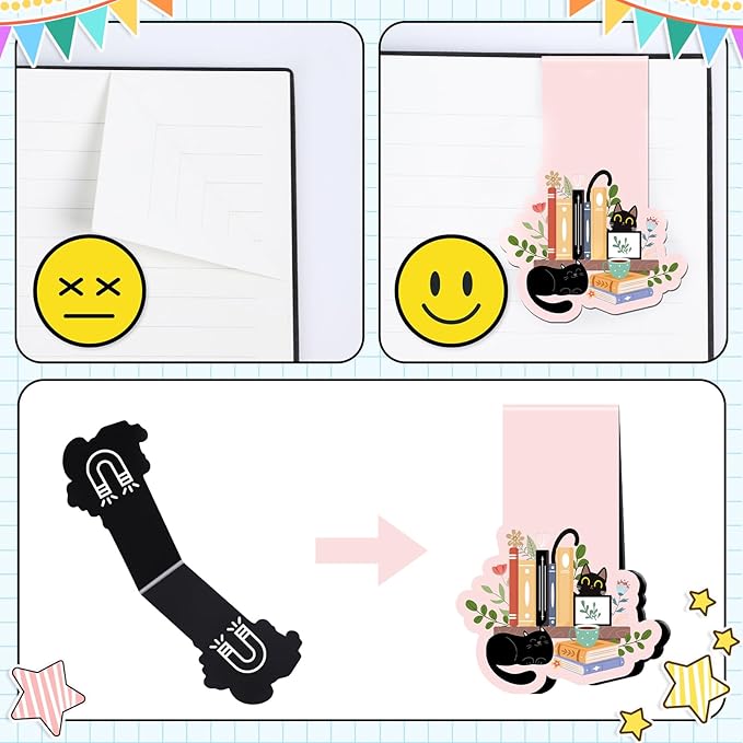 Black Cat Magnetic Bookmarks - 8 Pcs Floral Magnetic Bookmark Plant Bookmark Magnets Page Clip Gifts Book Mark Magnets Cat Lover Gifts for Book Lovers Students Teacher Reading Book Mark
