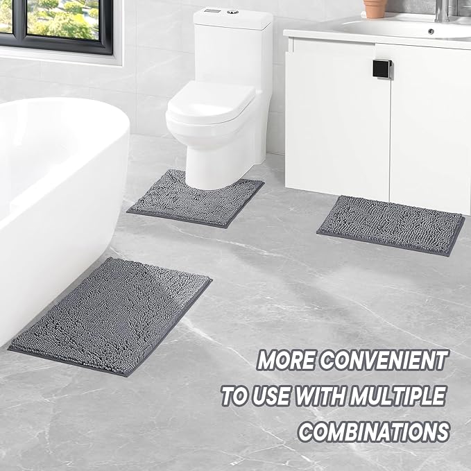 Bathroom Rugs Sets 2 Piece Washable, Luxury ,Chenille Bath Mat Set, Soft Plush Anti-Slip Rectangular Bath, Rug Super Absorbent. (Dark Gray, 32"x20"+32"x20")