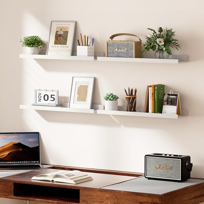 upsimples Floating Shelves for Wall, Wall Shelves for Decor Storage Set of 6, Wall Mounted Wood Shelves for Bedroom, Living Room, Bathroom, Kitchen, 23.6 inch Long Picture Ledge Shelves, White