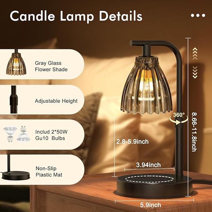Candle Warmer Lamp with 2 Bulbs, Dimmer Adjustable Height Candle Lamp, 2/4/8H Timer, Home Decor, Lamp Candle Warmer for Jar Candles, Thoughtful Gifts for Christmas, Birthday, Mother's Day, Black