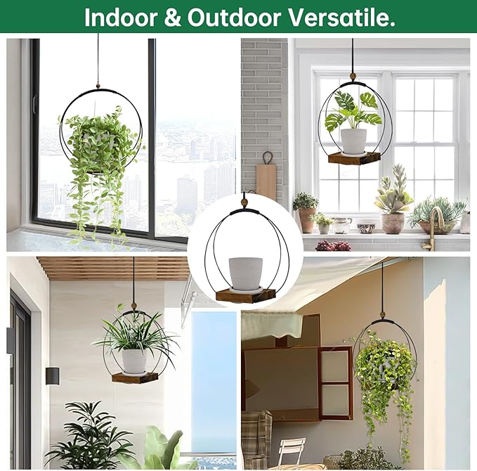 Hanging Planter for Indoor Plants,Plant Hanger with Sturdy Wood Base & Pot, Modern Boho Macrame Plant Hanger,Wall Ceiling Window Stands(2 Pack+Pots)