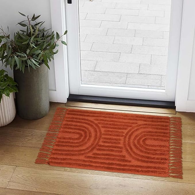 LEEVNA Washable Bathroom Rugs 2'x3', Hand-Woven Kitchen Rug with Tessal, Terracotta Bedroom Throw Rugs, Boho Tufted Rainbow Rugs, Farmhouse Indoor Door Mat for Entryway/Porch/Back Door