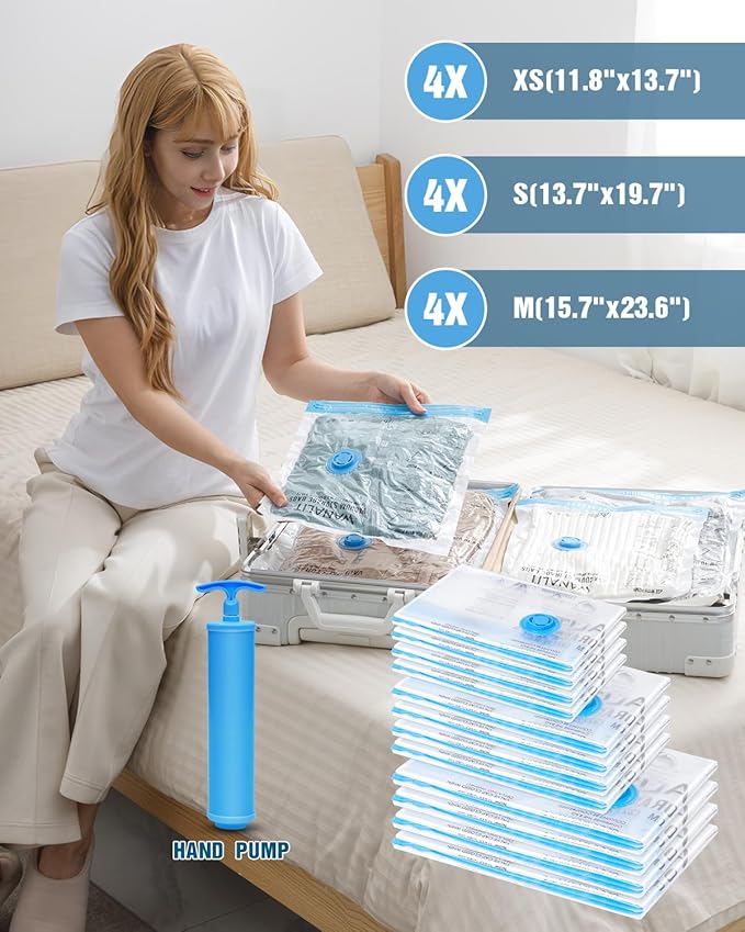 Travel Vacuum Storage Bags with Hand Pump, 12 Pack (4M+4S+4XS) Vacuum Seal Bag Travel Essentials Space Saving Bags for Clothes, Luggage, Carry-on Suitcase, Backpack, Holiday Business Trip