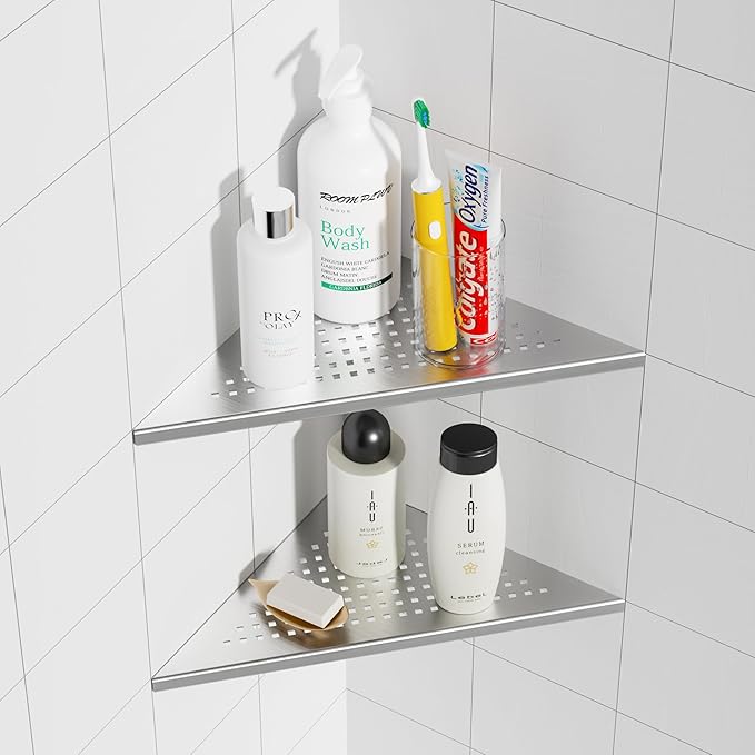 Neodrain 10 Inch Brushed Shower Shelves Corner Shelf for Tile Wall,304 Stainless Steel Corner Shower Shelves for Bathroom, Floating Corner Shelves for Shower Wall, No Drilling(Set of 2