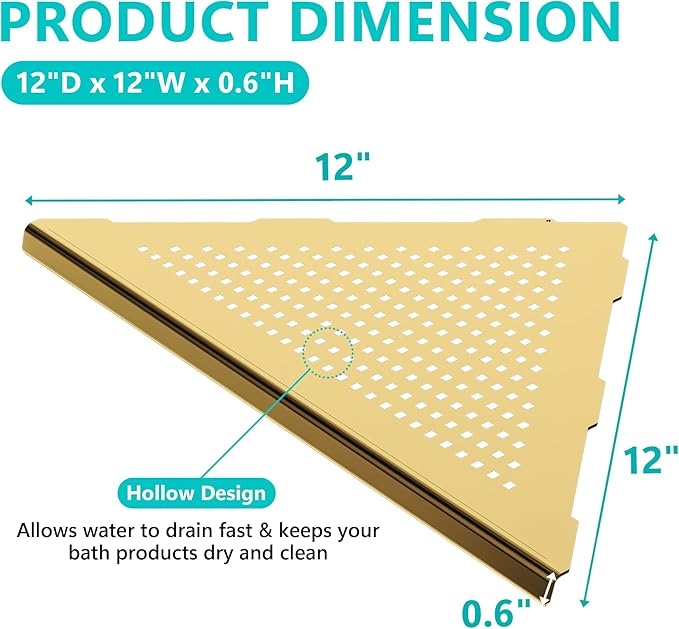 Bathroom Corner Shelf, Recessed 12" Shower Shelf Caddy, SUS304 Stainless Steel Shelf Wall Mount Triangular, No Drilling, Brushed Golden