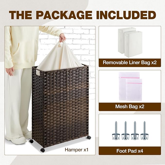 Greenstell Laundry Hamper with Wheels & Handles, 26.4 Gallon (100L) Slim Laundry Basket with 2 Removable Liner Bags & 2 Mesh Bags, Foldable Narrow Clothes Hamper for Bedroom, Bathroom, Closet, Brown