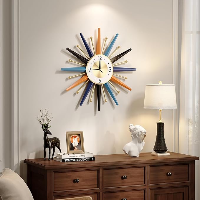 Mid Century Wall Clock, 22 Inch Large Vintage Metal Colorful Starburst Decorative Clocks Battery Operated, Boho Fancy Wall Clock for Kitchen Bedroom Living Room