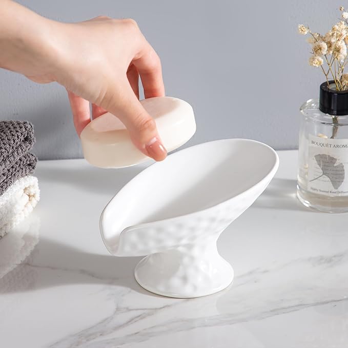 Self Draining Soap Dish,Soap Dish for Shower,White Ceramic Soap Holder for Bathroom Kitchen Shower Keeps Soap Dry, Easy to Clean(Matte White)