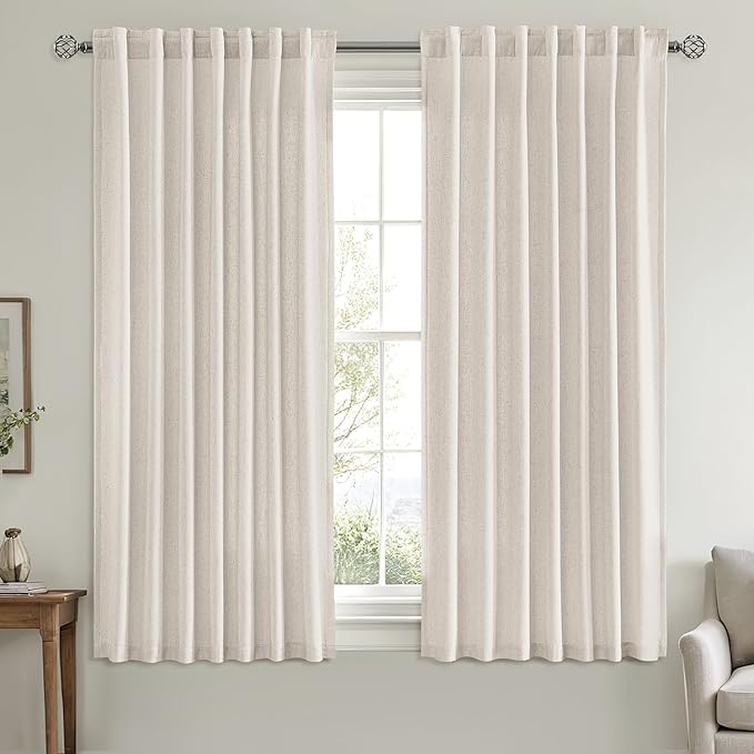 MIULEE Non-See-Through Privacy Linen Curtains 2 Panels, Light Filtering Window Curtains Farnhouse Textured Back Tab Semi Sheer Drapes for Bedroom Living Room, 52 x 63 Inches Long, White