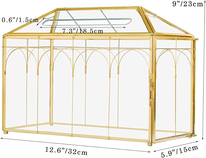NCYP Glass Cards Box with Slot and Lock for Wedding - 12.6" x 5.9" x 9" Geometric Vintage Envelops Wishwell Card Holder - Tabletop Reception, Birthday Party Decor, Gold (Glass Box Only)