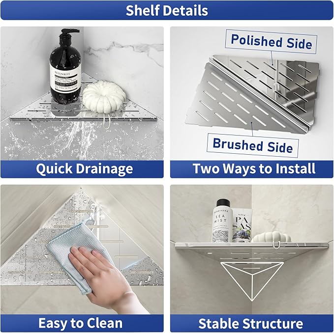 Corner Shower Shelf 10" Polished 304 Stainless Steel Recessed Corner Shelves with Slot Design Bathroom Shelf Racks for Tiled Wall, 2 Pack