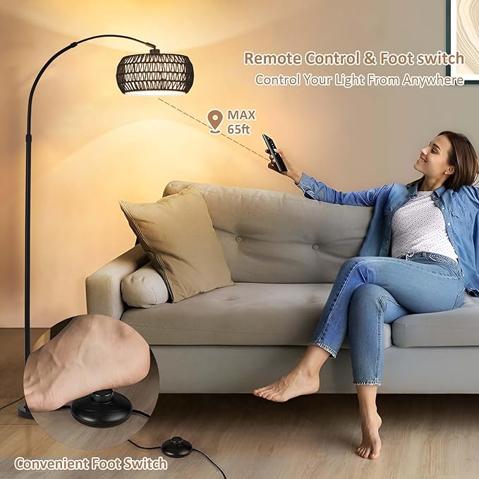 Arc Floor Lamp with Remote App Control Natural Rattan 100% Hand-Woven Dimmable Boho Rattan Floor Lamps with 3 Color Temperature Floor Lamps for Living Room Bedroom Offices(Black)