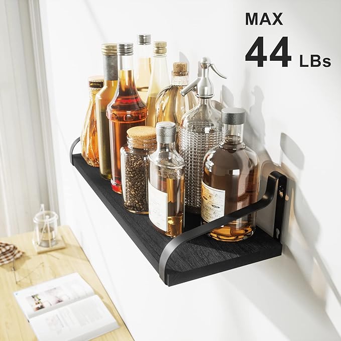 Love-KANKEI Floating Shelves Wall Mounted Set of 3, Large Wood Wall Shelves for Storage, Rustic Shelves for Display Bathroom,Bedroom,Living Room,Kitchen,Office and More Black