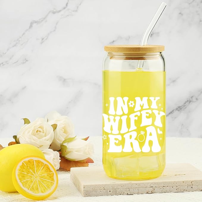 New Wifey Gifts, Bride Wedding Gift, Bridal Shower Gifts, Newlywed Present for Bride, Bride to Be Gift Idea, In My Wifey Era Ice Coffee Cup, Newly Married, Wife Present, 16 OZ Glass Cup w/ Lid & Straw